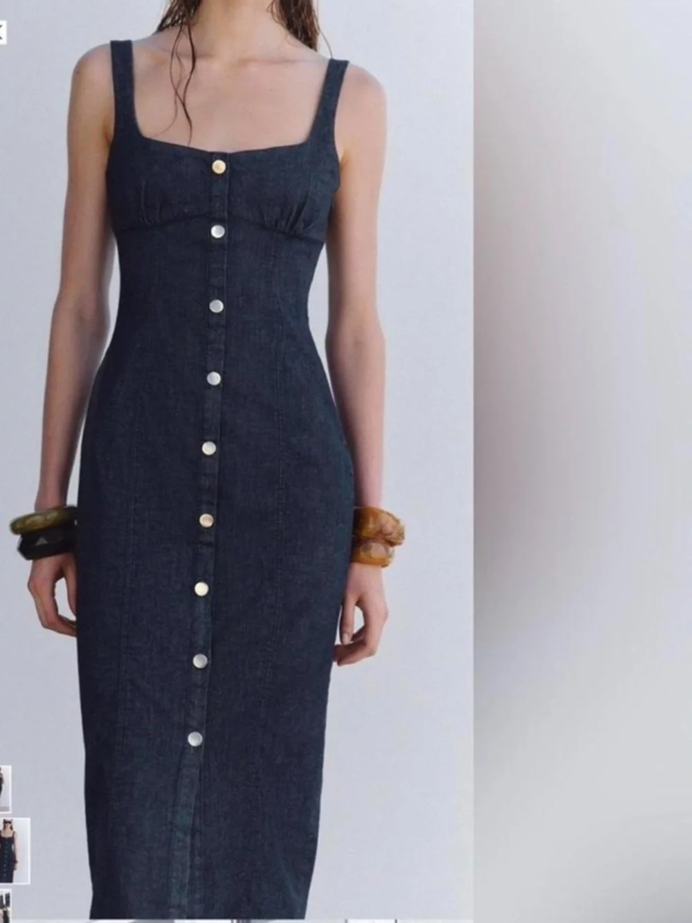 Zara Dark Indigo Button-Front Midi Body Fit Stretch Denim Dress M - Picture 3 of 7